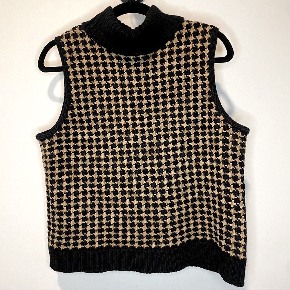 Vintage Liz Claiborne Houndstooth Sleeveless Wool Sweater Vest Turtle Neck